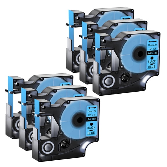 GREENCYCLE 6PK Compatible for DYMO D1 Label Tape 45016 12mm Black on Blue for LabelManager 160 210D 260P 280 360D 420P 450Duo Wireless PnP Colorpop