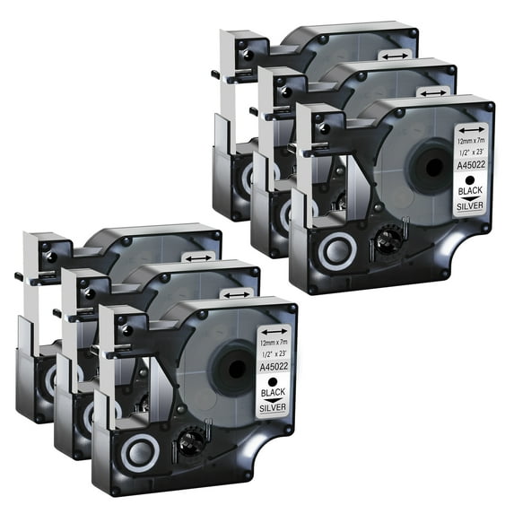 GREENCYCLE 6PK Compatible for DYMO D1 Label Tape 45022 12mm 7m Black on Silver for LabelManager LabelPoint LabelWriter Label Maker