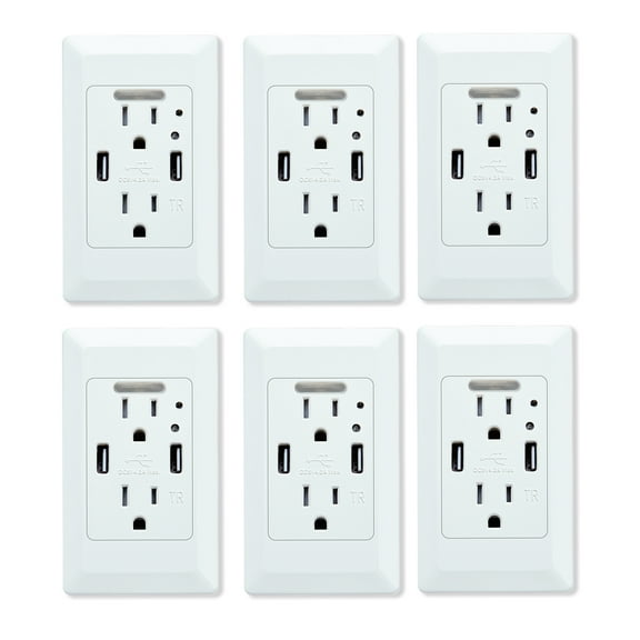 GREENCYCLE 6PK White Dual USB 4.2A Port Electric Wall Charger Power Outlet Panel Plate Dock Station Socket Adapter with LED Nightlight