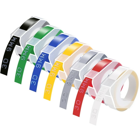 GREENCYCLE 7 Pack Compatible for DYMO 3D Embossing Xpress Pro MoTEX Label Maker, 3D 9mm Plastic Labels 3/8'' x 9.8ft White on Clear/Red/Green/Silver/Blue/Yellow/Black Embossing Color Label Tape