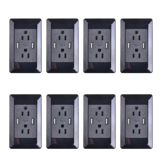 GREENCYCLE 8 Pack 2A Smart Dual USB Charger Wall Plate Outlet Socket 15A AC Power Outlet Charging Receptacle Black Adapter (ETL Listed)
