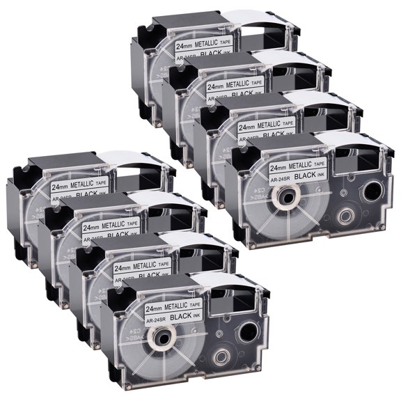 GREENCYCLE 8 Pack Compatible for Casio XR-24SR XR24SR Black on Metallic Label Tape for CW-L300 KL-820 KL-8100 KL-8200 KL-C500 KL-G2 EZ Label Printer 24mm 1 Inch x 8m 26.2Feet