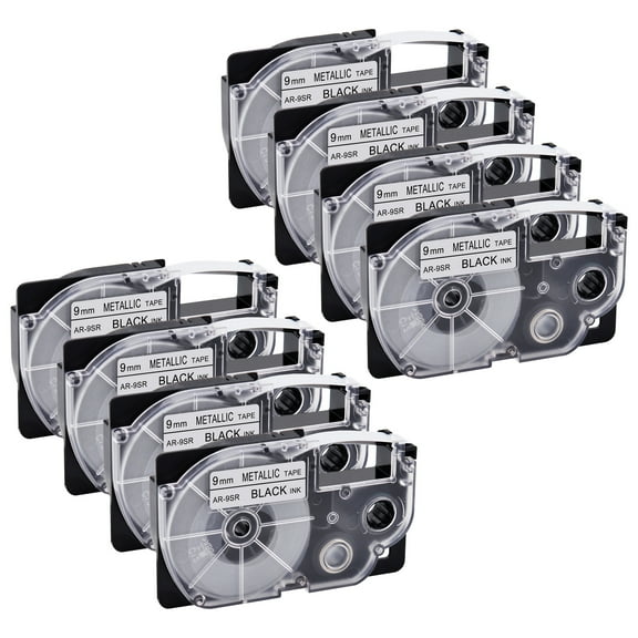 GREENCYCLE 8 Pack Compatible for Casio XR-9SR XR9SR Black on Metallic Label Tape for KL-120 KL-60 KL-100 KL750 KL780 KL2000 KL7000 KL7200 KLP1000 EZ Label Printer 9mm 3/8 Inch x 8m 26.2Feet