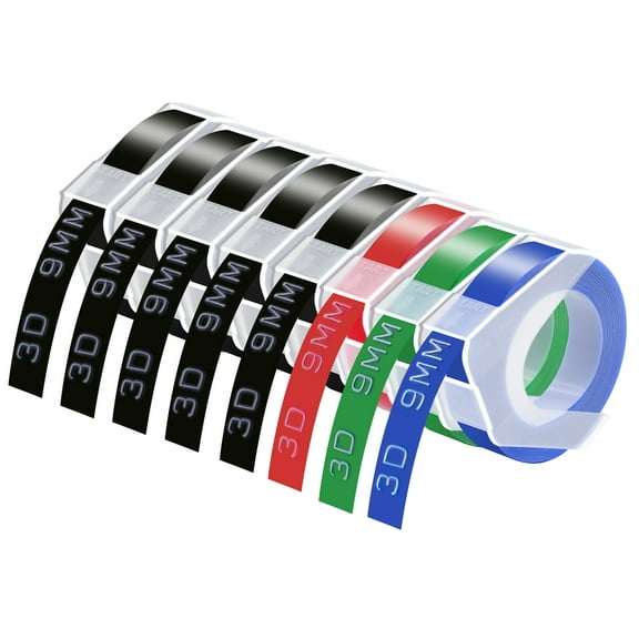 GREENCYCLE 8 Pack Compatible for DYMO 3D Embossing Xpress Pro MoTEX Label Maker, 3D 9mm Plastic Labels 3/8'' x 9.8ft White on Red/Green/Blue/Black Embossing Color Label Tape
