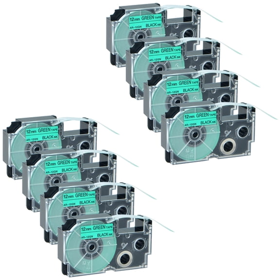 GREENCYCLE 8PK Black on Green Label Tape Compatible for Casio XR12GN XR-12GN (12mm 1/2''x 8m 26ft) EZ Label Printer