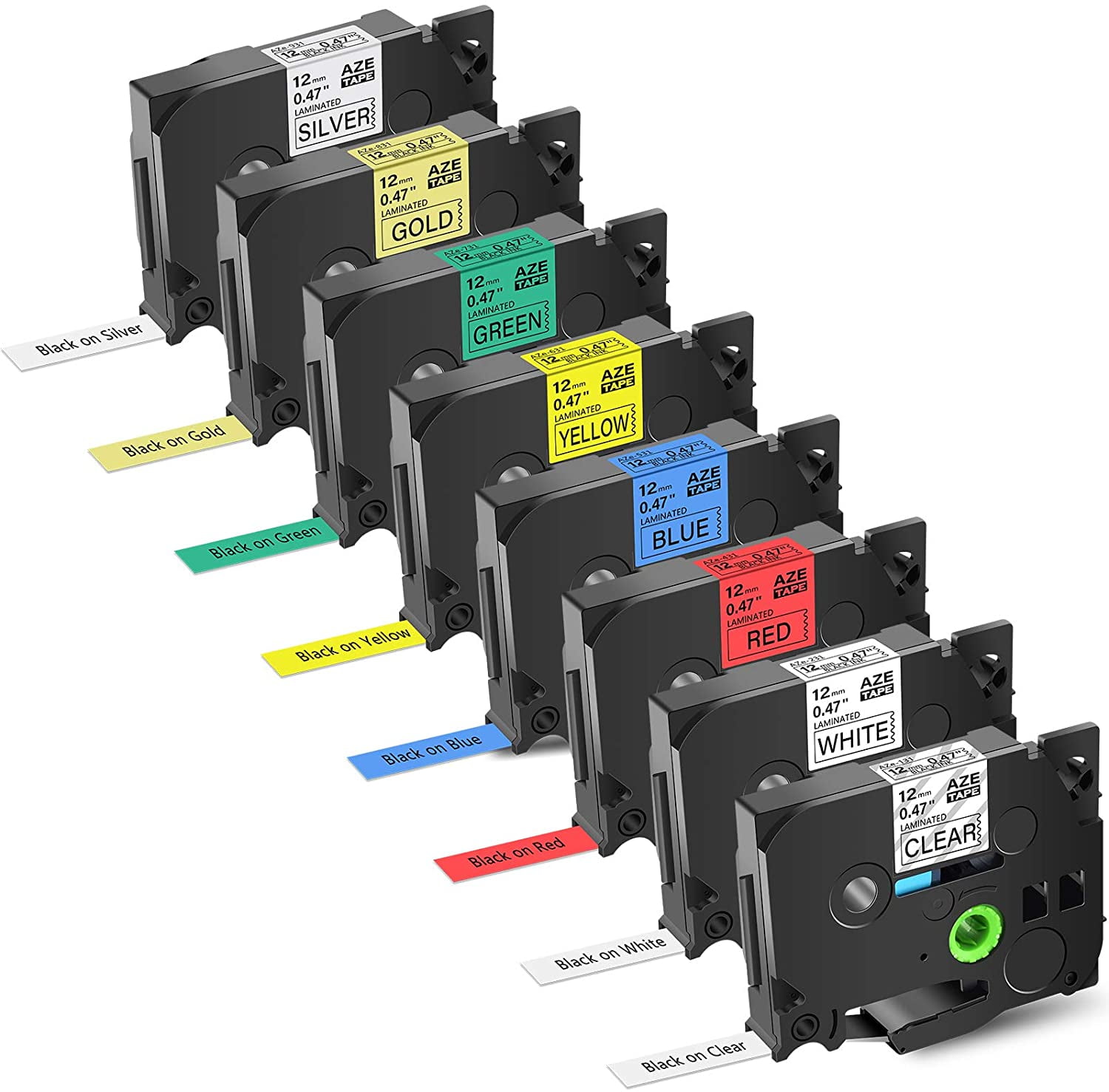 GREENCYCLE 8PK Compatible for Brother P-touch TZe 131 231 431 531 631 731 831 931 12mm Black on Clear White Red Blue Yellow Green Gold Silver Laminated Label Maker Tape