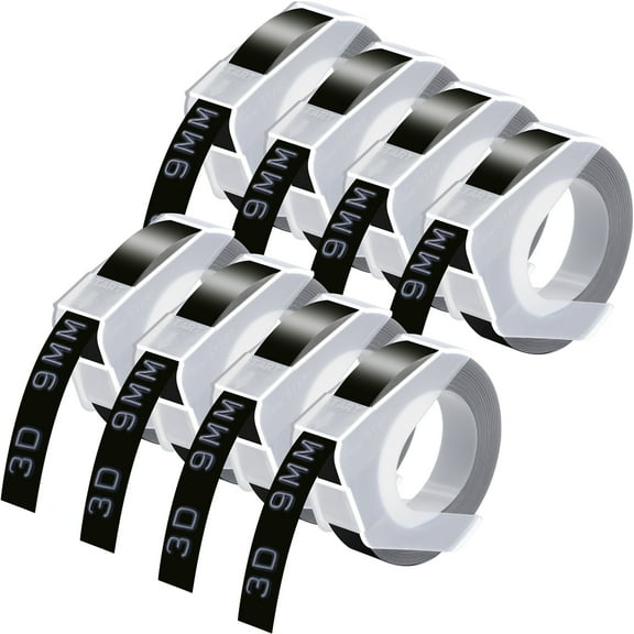 GREENCYCLE 8PK Compatible for Dymo 3D Plastic Embossing Labels 520109 White on Black Label Tape 9mm 3/8'' x 3m 9.8' Use in Organizer Xpress Pro 12966, Office Mate II 1540, Motex E101 Label Maker