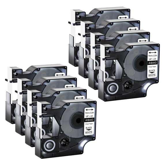 GREENCYCLE 8PK Compatible for DYMO 18443 9mm 5.5m Black on White Vinyl Label Maker Tape