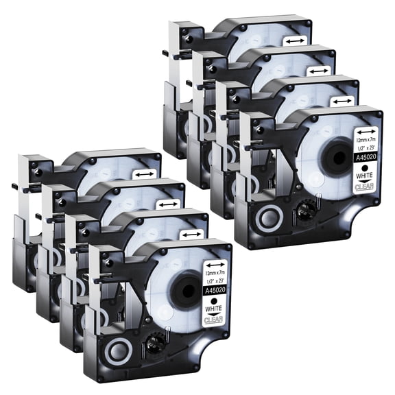 GREENCYCLE 8PK Compatible for DYMO D1 Label Tape 45020 12mm 7m White on Clear for LabelManager LabelPoint LabelWriter Label Maker