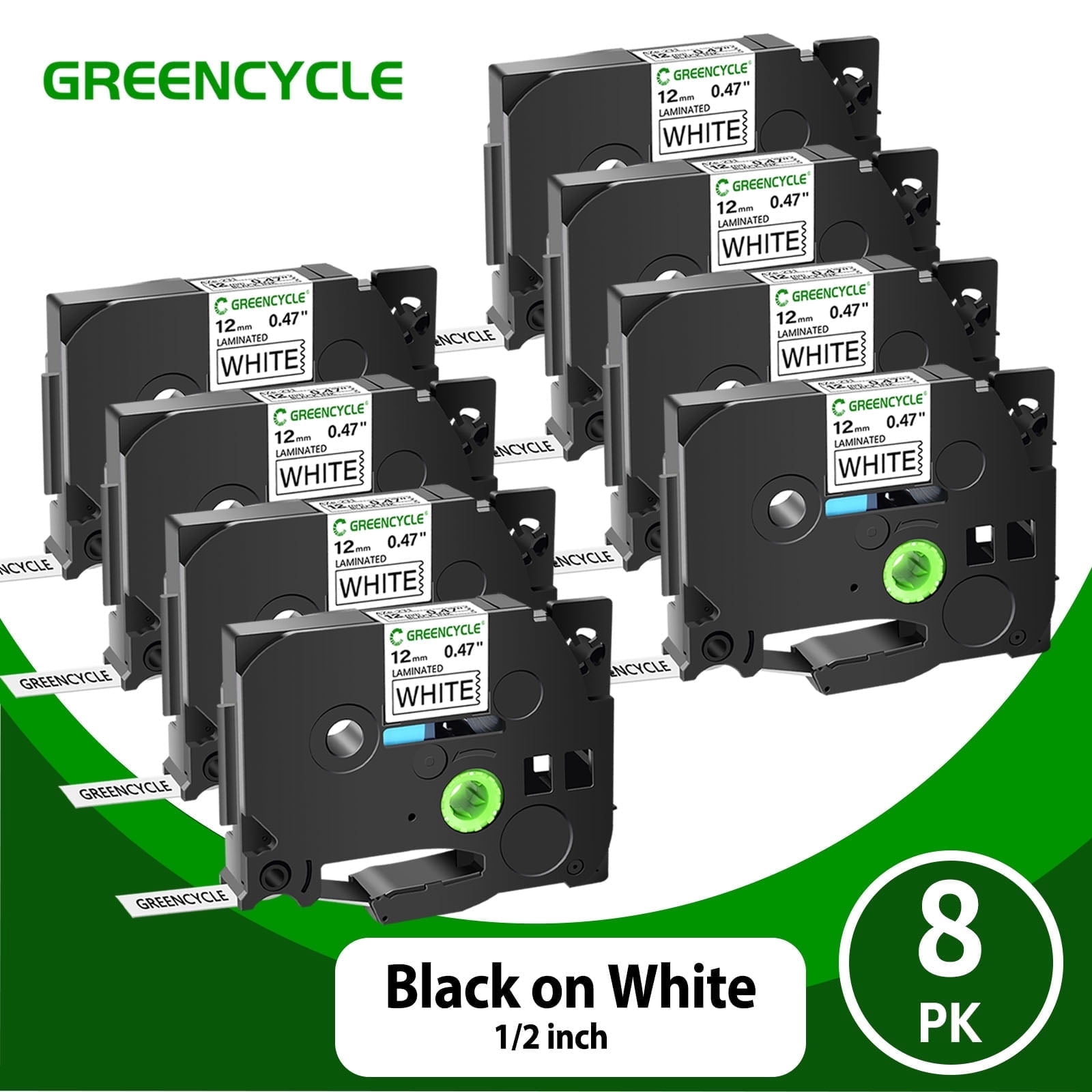 GREENCYCLE 8PK TZ-231 0.47'' 12mm Black on White Label Tape Compatible for Brother P-touch TZe-231 TZe231 TZ231 Label Maker