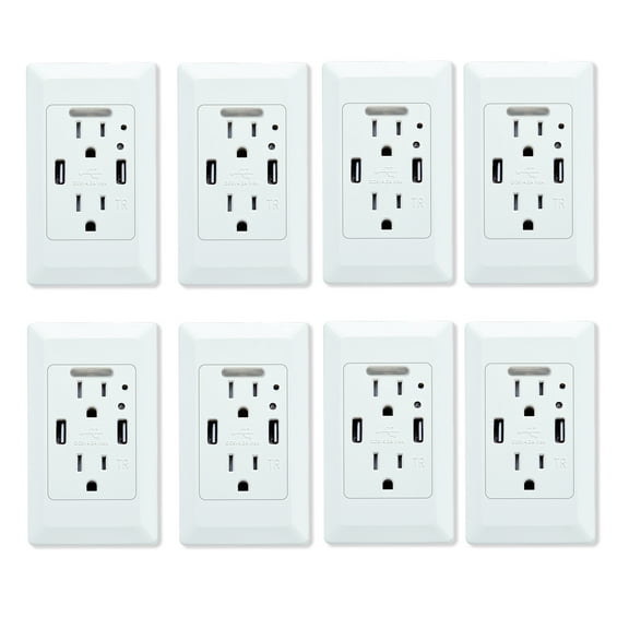 GREENCYCLE 8PK White Dual USB 4.2A Port Electric Wall Charger Power Outlet Panel Plate Dock Station Socket Adapter with LED Nightlight
