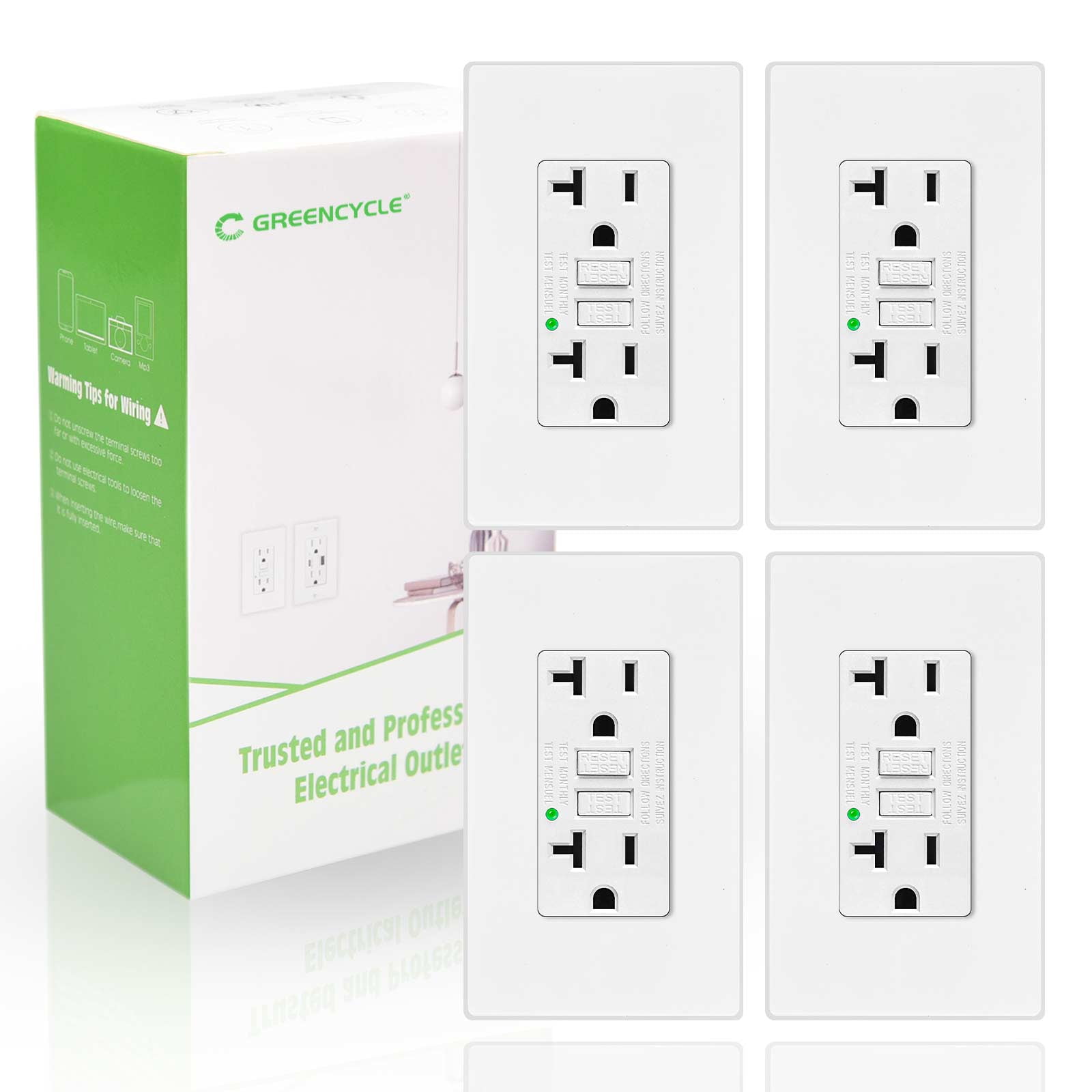 GREENCYCLE GFCI 20Amp Outlet Non-TR,4PK 20A/125V GFCI Outlets White, Decor Receptacle with LED Indicator, Decorative Wall Plates, Screws Included, Residential and Commercial Grade, ETL Certified