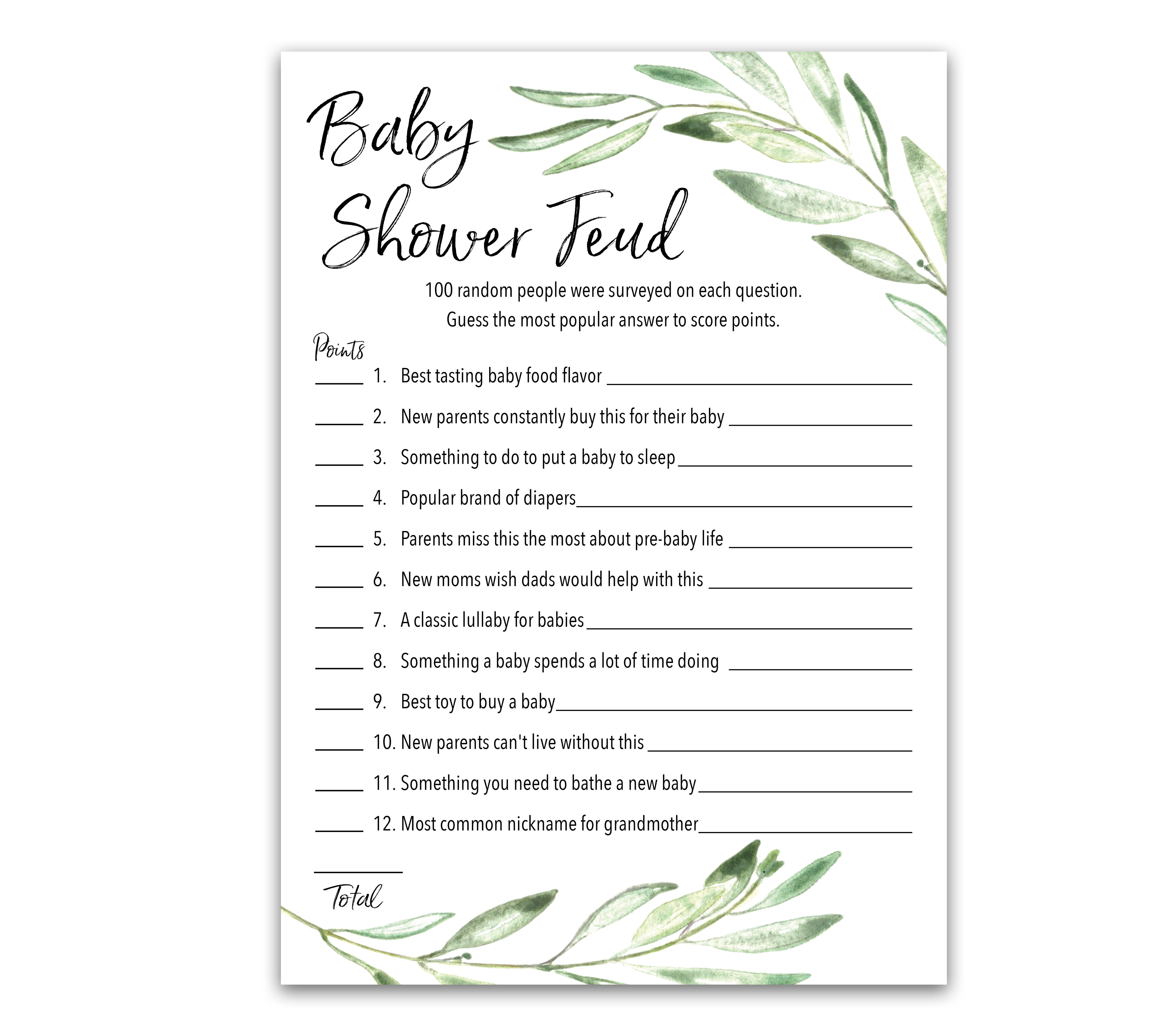 GREENERY Baby Shower FEUD Game - Pack of 25 - Fun Shower Family Feud Games, Green, Baby Shower Activity, Greenery, Rustic Gender Neutral Baby Shower Fued Games G320-BSF