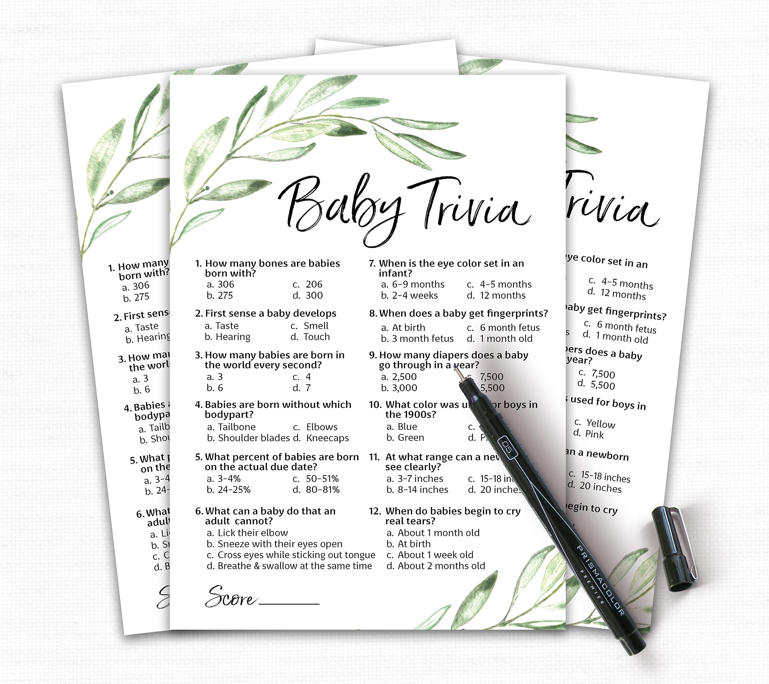 GREENERY Baby Shower Game - BABY TRIVIA Games - Pack of 25 - Fun Baby Facts Games, Floral, Green, Olive Branch Trivia Baby Shower Activity, Greenery, Rustic Gender Neutral Baby Shower Games,