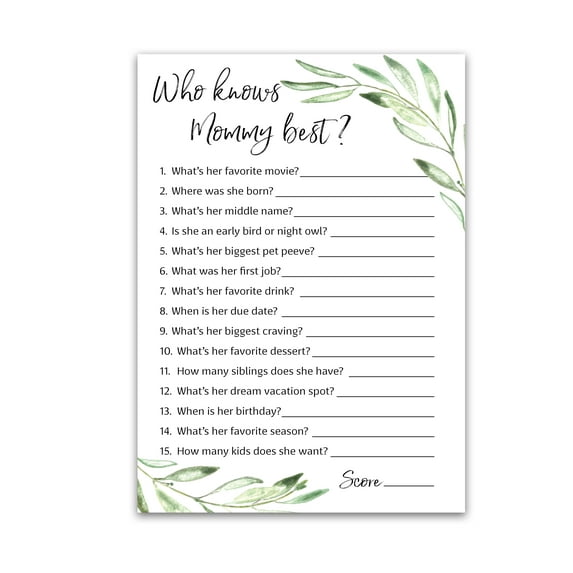 GREENERY Baby Shower Games Who Knows Mommy Best - Pack of 25 - GENDER NEUTRAL Baby Shower Game New Parent Couples Coed Reveal Fun Guessing Game Mom to-be Green Olive Branch Shower Activity G320-WKM