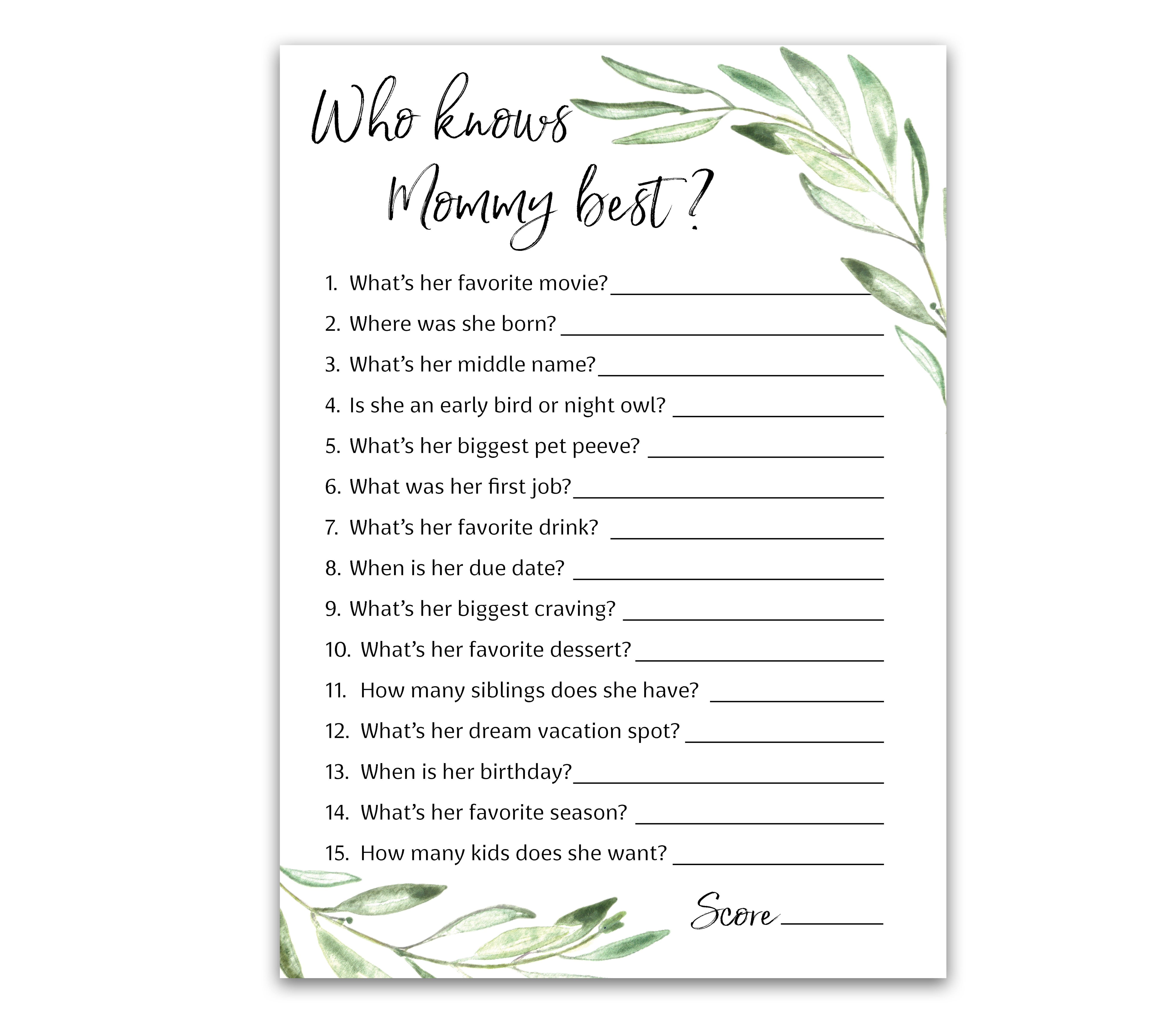GREENERY Baby Shower Games Who Knows Mommy Best - Pack of 25 - GENDER NEUTRAL Baby Shower Game New Parent Couples Coed Reveal Fun Guessing Game Mom to-be Green Olive Branch Shower Activity G320-WKM