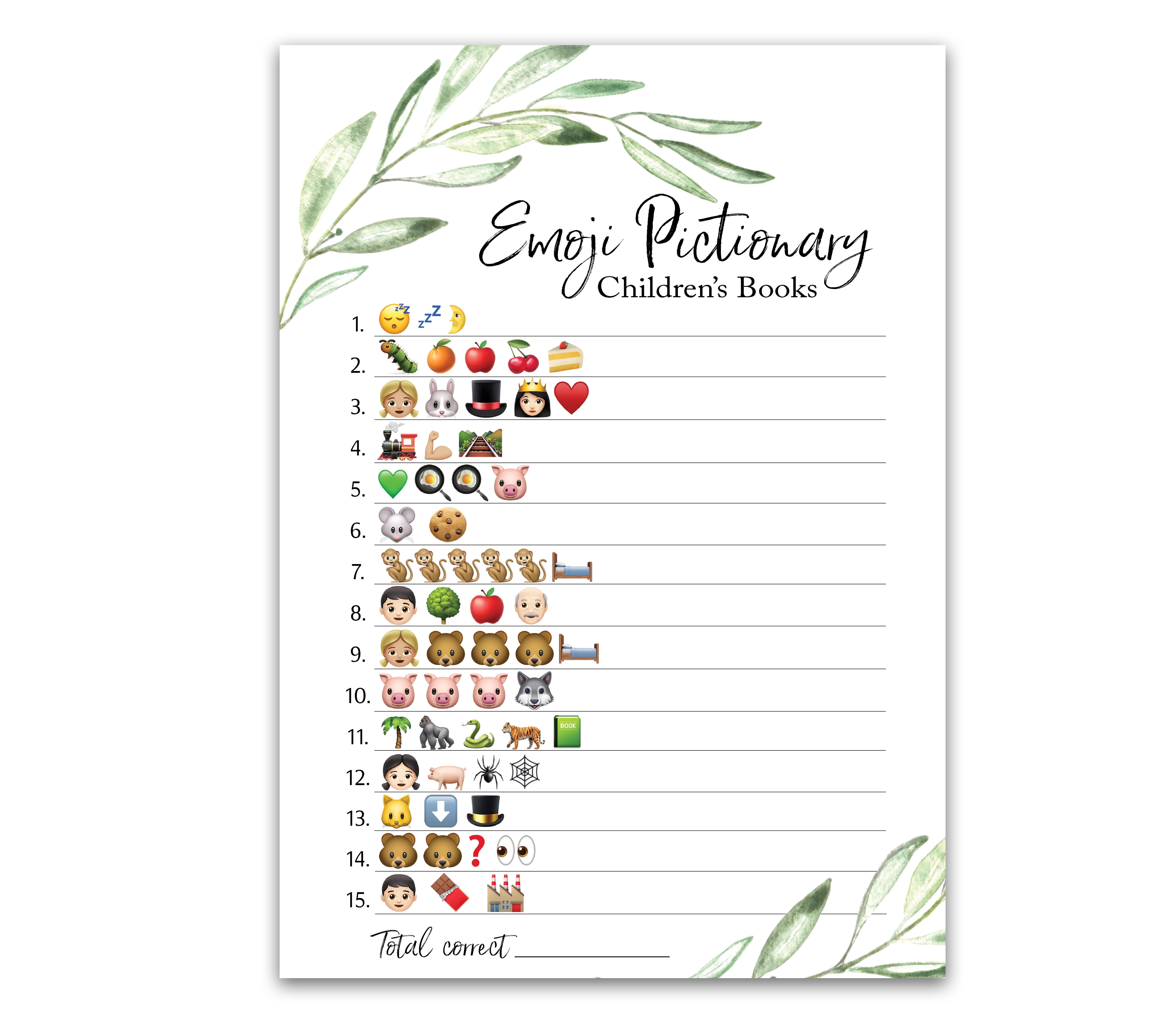 GREENERY Emoticons Baby Shower Game Pack of 25 Pictionary Children's Books Baby Shower Games, Floral emoticons Games, Gender Reveal Party, Pregnancy, Couples Shower, Gender Neutral Green G320-EMJ