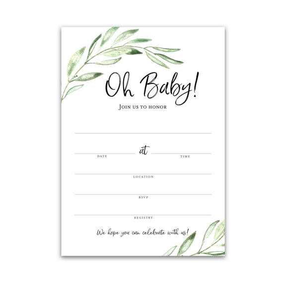 GREENERY Oh Baby! Baby Shower Invitations Pack of 25 Boho Sprinkle Gender Neutral Coed Invite for Boy or Girl, Rustic Green Olive Branch DIY Invites by Roseum Collections I320-INV1