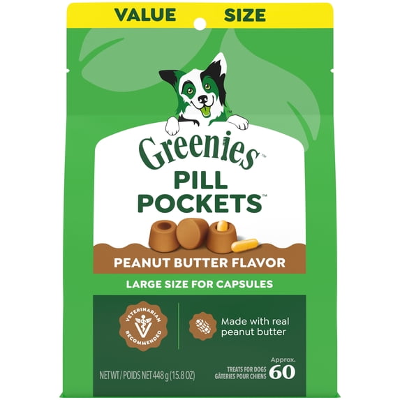 GREENIES PILL POCKETS Peanut Butter Flavor Natural Capsule Treats for Dogs All Sizes, 15.8 oz. Pack (60 Treats)