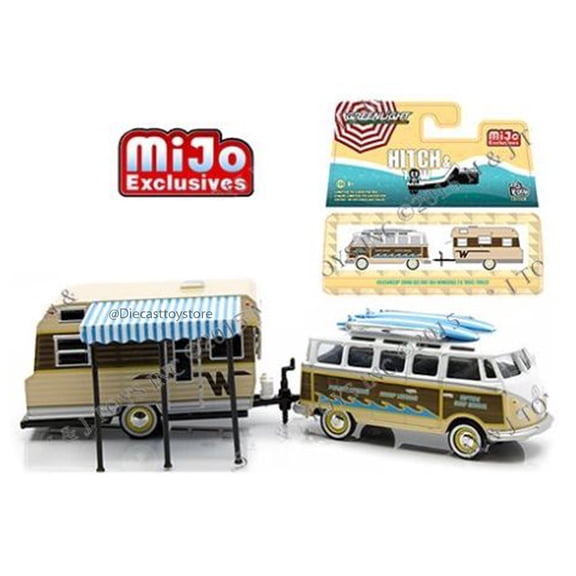GREENLIGHT 1:64 HITCH & TOW CLUB V-DUB EDITION - MIJO EXCLUSIVES - VOLKSWAGEN SAMBA BUS & 1964 WINNEBAGO 216 TRAVEL TRAILER 51114-B