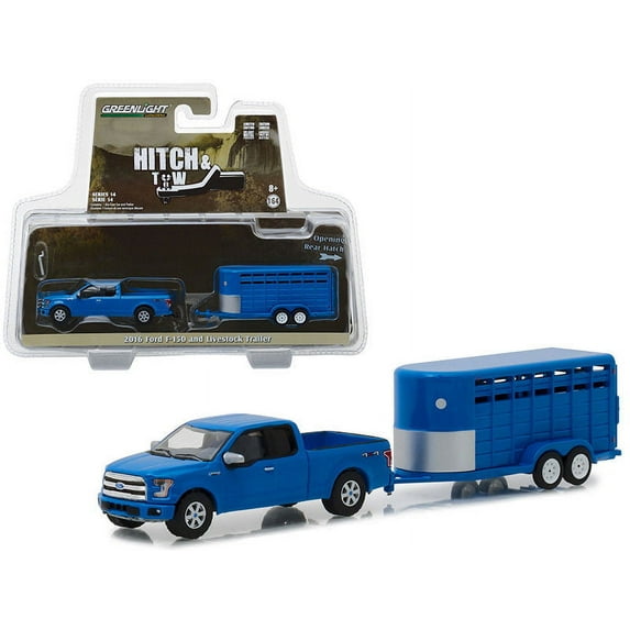 GREENLIGHT 1:64 HITCH & TOW SERIES 14 - 2016 FORD F-150 WITH LIVESTOCK TRAILER (BLUE) 32140-C