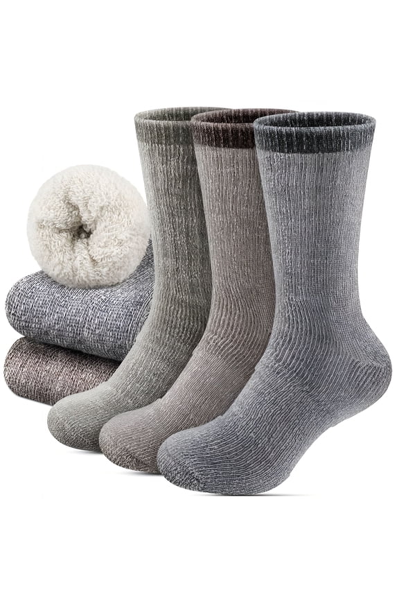 3 Pairs Mens 100% Wool Thermal Athletic Crew Socks Solid Color Knit Fabric Hand Wash Only - Breathable Durable & Soft Elastic Winter Socks for Outdoor Activities