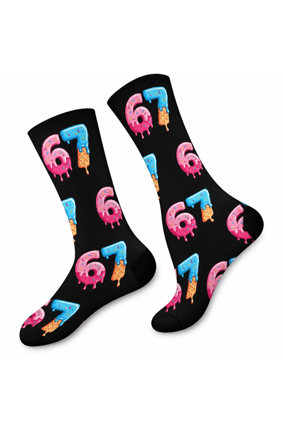 67 Socks Ice Cream 6 7 Meme Novelty Six Seven Crew Socks Funny Gifts for Boys Girls Fashion Footwear 7-13 Years Black