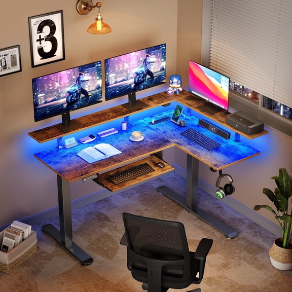 GREENSTELL L Shaped Adjustable Gaming Desk With LED Lights & Power Outlets, Computer Desk With Full Monitor Stand & Storage Shelf, Brown
