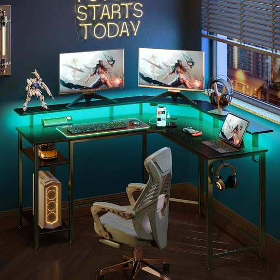 GREENSTELL L Shaped Gaming Desk With LED Lights & Power Outlets, Computer Desk With Full Monitor Stand & Storage Shelf, Corner Desk With Hooks, Black