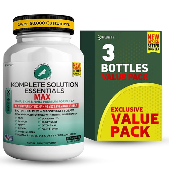 GREENVIFY Komplete Solution Essentials - Hair, Skin & Nails Support Supplement | Biotin, Calcium, Magnesium, Folate & Herbal Blend | Premium Formula | 180 Capsules, Vegan & Gluten-Free