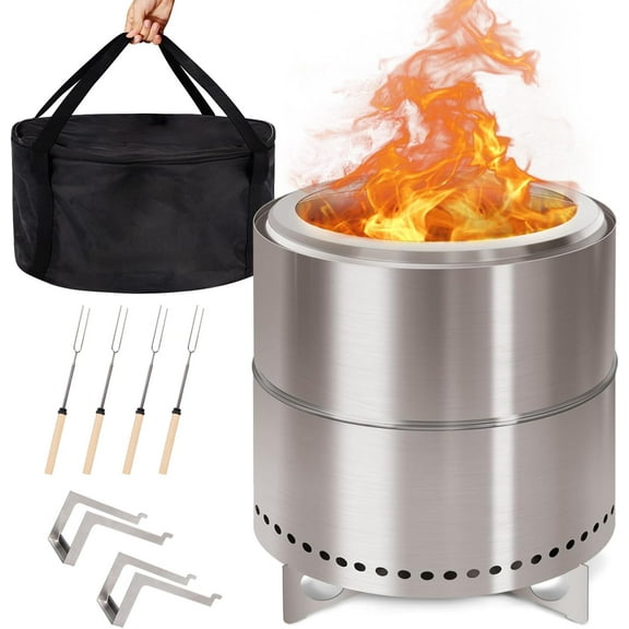 GREENVINES Smokeless-Firepit | 15-Inch | Stainless-Steel-Fire-Pit | Portable Outdoor Pits with Stand for Camping | Solo Wood Burning Bonfire | Low Smoke Stove | Bag & Sticks & Holders