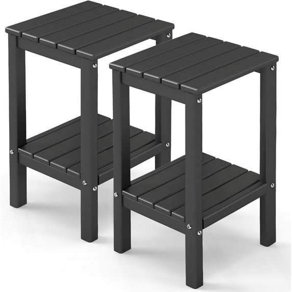 GREENVINES Tall-Outdoor-Side-Table Set of 2 | 23.5" | HDPE Plastic | Patio Adirondack End Tables | All Weather | 2-Tier | Black | for Porch Garden Indoor & Rocking Chairs