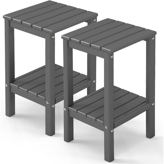 GREENVINES Tall-Outdoor-Side-Table Set of 2 | 23.5" | HDPE Plastic | Patio Adirondack End Tables | All Weather | 2-Tier | Grey | for Porch Garden Indoor & Rocking Chairs