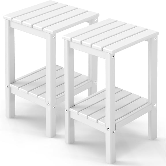GREENVINES Tall-Outdoor-Side-Table Set of 2 | 23.5" | HDPE Plastic | Patio Adirondack End Tables | All Weather | 2-Tier | White | for Porch Garden Indoor & Rocking Chairs