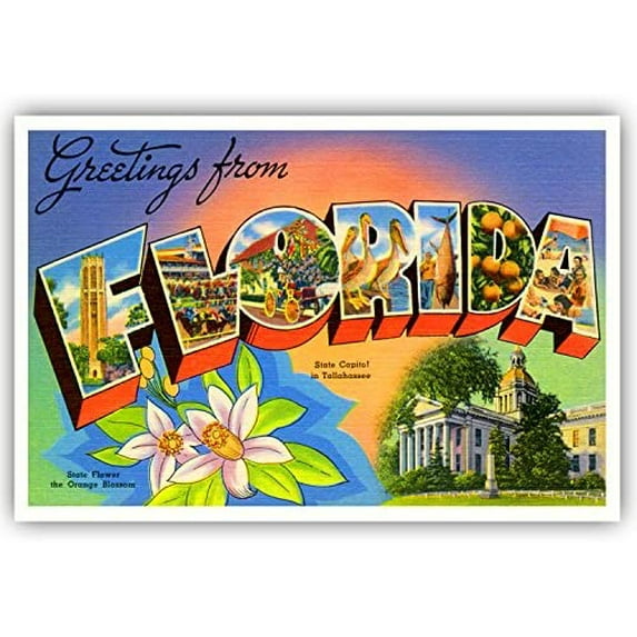 GREETINGS FROM FLORIDA vintage reprint postcard set of 20 identical postcards. Large letter US state name post card pack (ca. 1930's-1940's). Made in USA.
