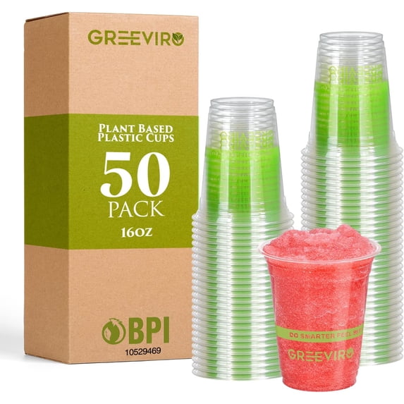 GREEVIRO Compostable Clear Plastic Cups, Reusable & Disposable, 16 Oz, 100 Pack