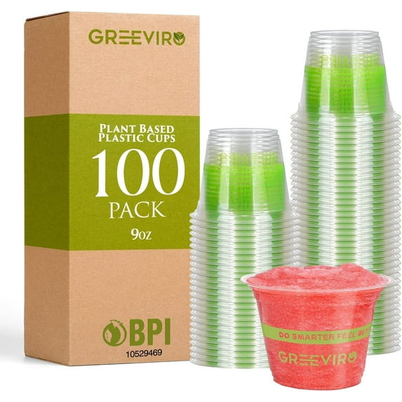 GREEVIRO Compostable Clear Plastic Cups, Reusable & Disposable, 9 Oz, 100 Pack