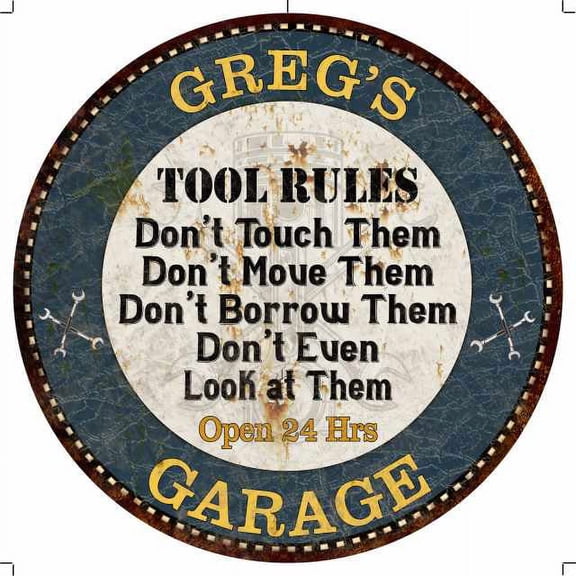 GREG'S Garage Rules 14" Round Metal Sign Garage Bar Wall Decor 100140015062