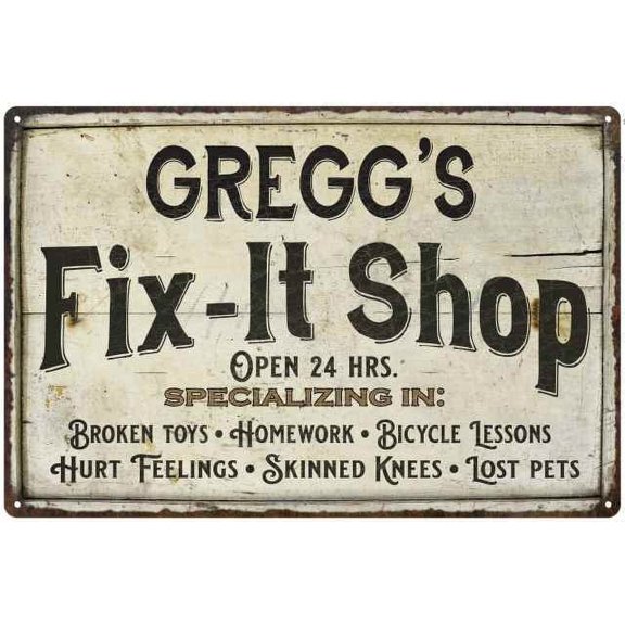 GREGG'S Fix-It Shop Sign Grandpa Dad Wall Decor Gift 8x12 Metal 208120006395