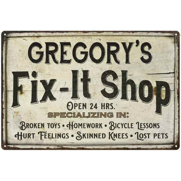 GREGORY'S Fix-It Shop Sign Grandpa Dad Wall Decor Gift 8x12 Metal 208120006040