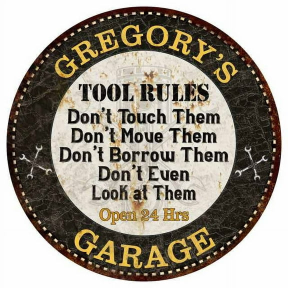 GREGORY'S Garage Rules 14" Round Metal Sign Garage Bar Wall Decor 100140013407