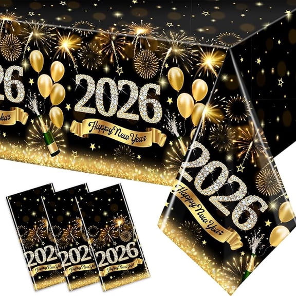 GREHUMOR 3 Pack Happy New Year 2026 Tablecloths Black Gold 54 x 108 Inch