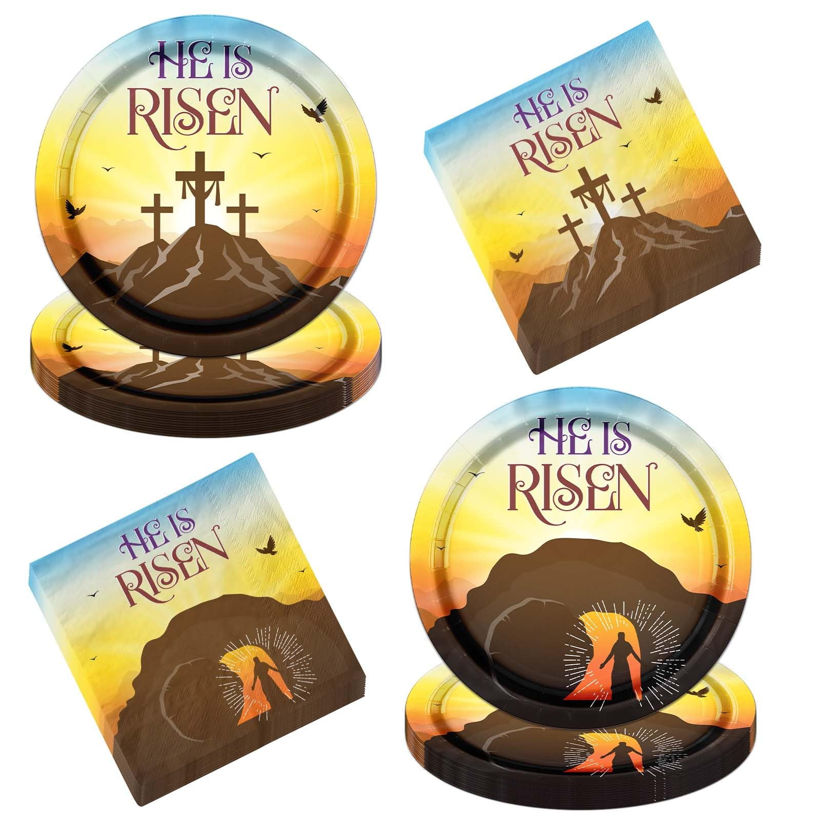 GREHUMOR 60Pcs He is SE33 Risen Easter Plates and Napkins Happy Easter