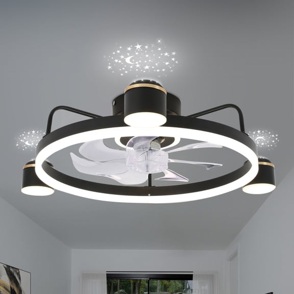 GRELAVA 28 in. Integrated LED Indoor French Gold Starry Night Smart App Control Flush Mount Low Profile Ceiling Fan With Light