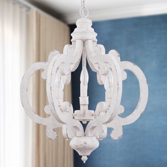 GRELAVA Cottage Chic Crown 6-Light Distressed White Wood Chandelier with Farmhouse Wooden Pendant