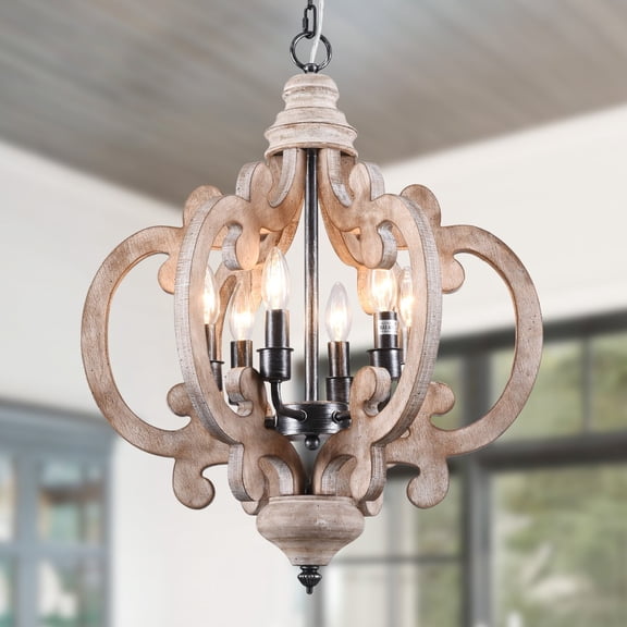 GRELAVA Cottage Chic Crown 6-Light Weathered Wood Chandelier, Farmhouse Wooden Pendant Light
