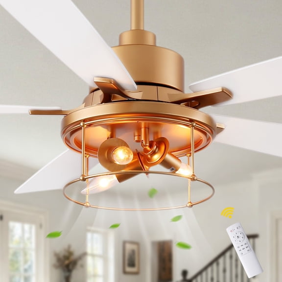 GRELAVA Merri 52 in. Indoor French Gold Walnut Standard IndustrialCeiling Fan with Lights, Downrod 6-Speed Ceiling Fan W/Remote