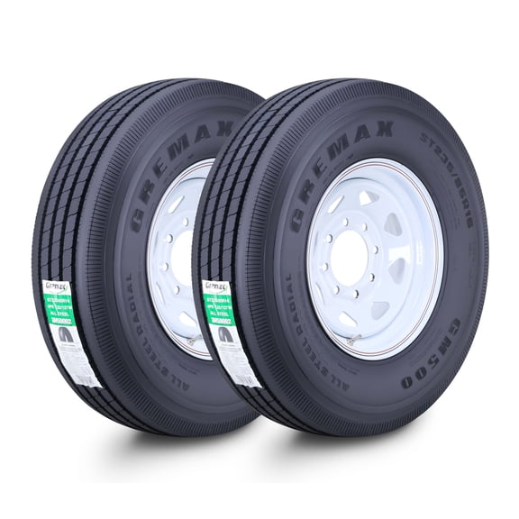 GREMAX All Steel Trailer Tire Wheel Assembly ST235/85R16 14-Ply G 132/127M w/8 Lug on 6.5" PCD White Spoke Wheel ,SET 2