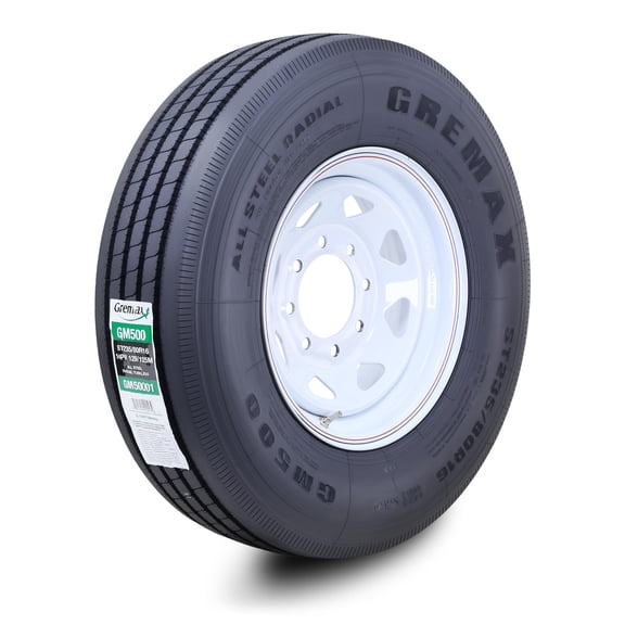 GREMAX All Steel Trailer Tire & wheel ST235/80R16 14-Ply G 129M 8 Lug on 6.5" PCD White Spoke Rim