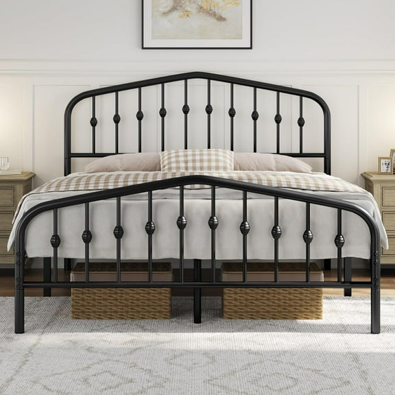 GREOKL Full Bed Frames Metal Platform Bed with Victorian Style Wrought Iron Headboard and Footboard/Easy Assembly/No Box Spring Needed/Antique Gold Full Bed, Queen Black